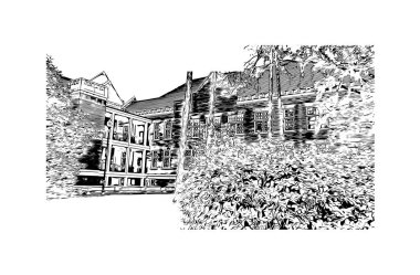 Print Building view with landmark of Gainesville, Kuzey Florida 'da bir şehirdir. Vektörde elle çizilmiş çizim çizimi.