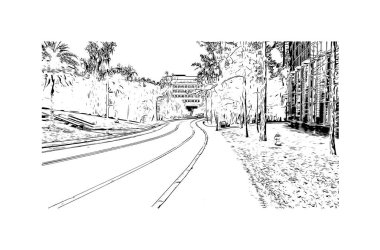 Print Building view with landmark of Gainesville, Kuzey Florida 'da bir şehirdir. Vektörde elle çizilmiş çizim çizimi.