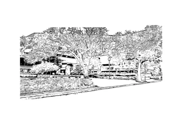 盖恩斯维尔的标志性建筑是佛罗里达州北部的一个城市 矢量手绘草图 — 图库矢量图片