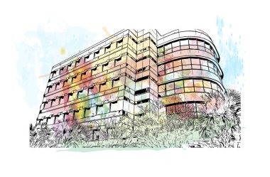 Print Building view with landmark of Gainesville, Kuzey Florida 'da bir şehirdir. Vektörde elle çizilmiş resim ile suluboya sıçraması.