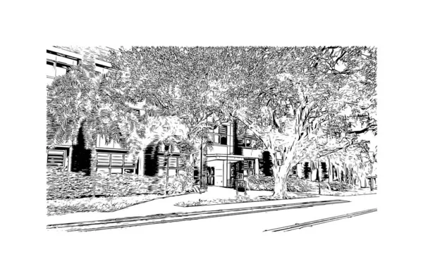 印刷ゲインズビルのランドマークとビルのビューは フロリダ州北部の都市です 手描きのスケッチ図ベクトル — ストックベクタ