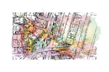 İzmir 'in tarihi yapısına sahip Print Building view Türkiye' de bir şehirdir. Vektörde elle çizilmiş resim ile suluboya sıçraması.