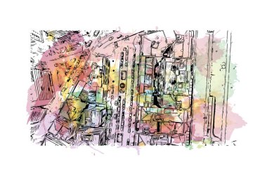 İzmir 'in tarihi yapısına sahip Print Building view Türkiye' de bir şehirdir. Vektörde elle çizilmiş resim ile suluboya sıçraması.