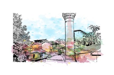 İzmir 'in tarihi yapısına sahip Print Building view Türkiye' de bir şehirdir. Vektörde elle çizilmiş resim ile suluboya sıçraması.