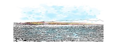 İzmir 'in tarihi yapısına sahip Print Building view Türkiye' de bir şehirdir. Vektörde elle çizilmiş resim ile suluboya sıçraması.