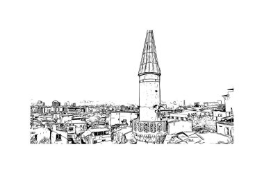 İzmir 'in tarihi yapısına sahip Print Building view Türkiye' de bir şehirdir. Vektörde elle çizilmiş çizim çizimi.