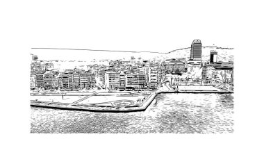 İzmir 'in tarihi yapısına sahip Print Building view Türkiye' de bir şehirdir. Vektörde elle çizilmiş çizim çizimi.