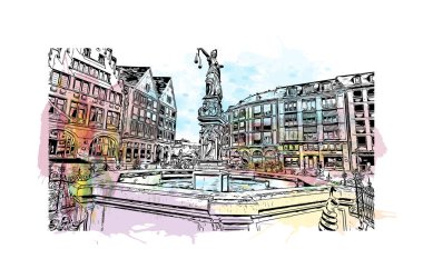 Frankfurt 'un simgesi olan Print Building Manzarası Almanya' daki bir şehirdir. Vektörde elle çizilmiş resim ile suluboya sıçraması.