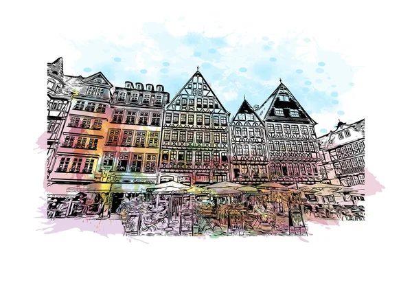 프랑크푸르트의 랜드마크가 전망은 독일의 도시이다 벡터에 손으로 스케치 수채화 물보라 — 스톡 벡터