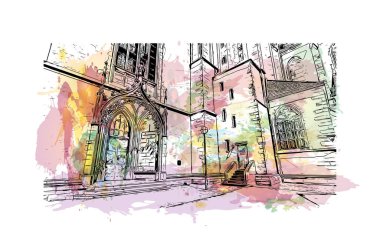 Frankfurt 'un simgesi olan Print Building Manzarası Almanya' daki bir şehirdir. Vektörde elle çizilmiş resim ile suluboya sıçraması.