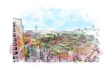 Frankfurt 'un simgesi olan Print Building Manzarası Almanya' daki bir şehirdir. Vektörde elle çizilmiş resim ile suluboya sıçraması.