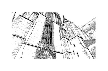 Frankfurt 'un simgesi olan Print Building Manzarası Almanya' daki bir şehirdir. Vektörde elle çizilmiş çizim çizimi.