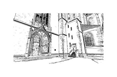 Frankfurt 'un simgesi olan Print Building Manzarası Almanya' daki bir şehirdir. Vektörde elle çizilmiş çizim çizimi.