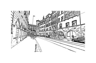 Frankfurt 'un simgesi olan Print Building Manzarası Almanya' daki bir şehirdir. Vektörde elle çizilmiş çizim çizimi.