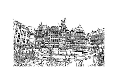 Frankfurt 'un simgesi olan Print Building Manzarası Almanya' daki bir şehirdir. Vektörde elle çizilmiş çizim çizimi.