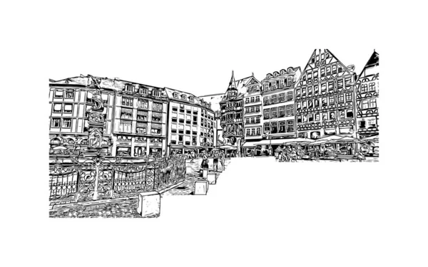 Tisk Pohled Budovu Orientačním Bodem Frankfurtu Městem Německu Ručně Kreslená — Stockový vektor