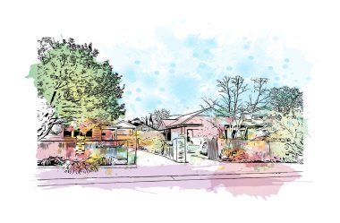 Print Building view with landmark of Geelong, Avustralya 'da bir şehirdir. Vektörde elle çizilmiş resim ile suluboya sıçraması.