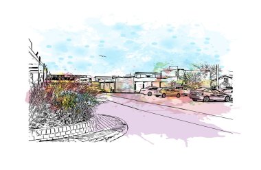 Print Building view with landmark of Geelong, Avustralya 'da bir şehirdir. Vektörde elle çizilmiş resim ile suluboya sıçraması.