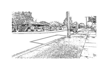 Print Building view with landmark of Geelong, Avustralya 'da bir şehirdir. Vektörde elle çizilmiş çizim çizimi.