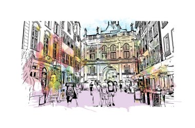 Print Building view with landmark of Gdansk is the city in Poland. Vektörde elle çizilmiş resim ile suluboya sıçraması.