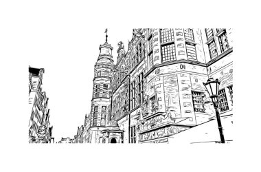 Print Building view with landmark of Gdansk is the city in Poland. Vektörde elle çizilmiş çizim çizimi.