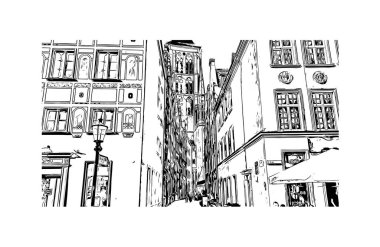 Print Building view with landmark of Gdansk is the city in Poland. Vektörde elle çizilmiş çizim çizimi.