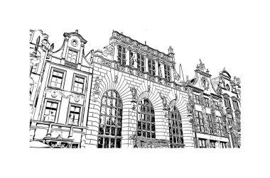 Print Building view with landmark of Gdansk is the city in Poland. Vektörde elle çizilmiş çizim çizimi.