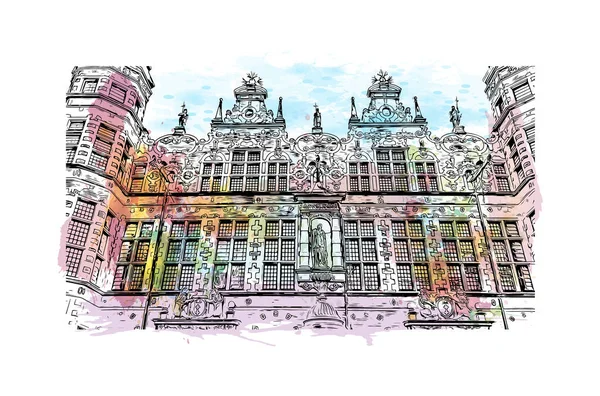 Afdrukken Gebouw Uitzicht Met Bezienswaardigheid Van Gdansk Stad Polen Aquarel — Stockvector