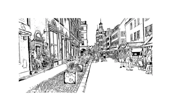 Imprimer Ville Gdansk Est Située Pologne Illustration Dessinée Main Vecteur — Image vectorielle