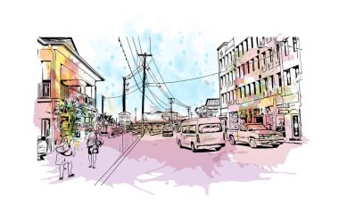 George Town 'un dönüm noktası olan Print Building View Cayman Adaları' nın başkentidir. Vektörde elle çizilmiş resim ile suluboya sıçraması.
