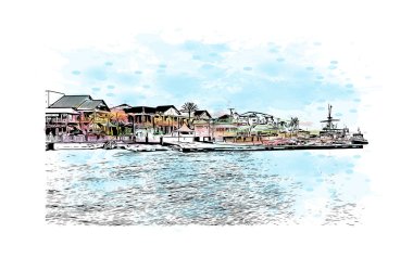 George Town 'un dönüm noktası olan Print Building View Cayman Adaları' nın başkentidir. Vektörde elle çizilmiş resim ile suluboya sıçraması.