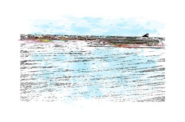 George Town 'un dönüm noktası olan Print Building View Cayman Adaları' nın başkentidir. Vektörde elle çizilmiş resim ile suluboya sıçraması.