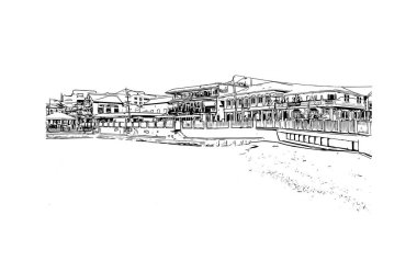 George Town 'un dönüm noktası olan Print Building View Cayman Adaları' nın başkentidir. Vektörde elle çizilmiş çizim çizimi.