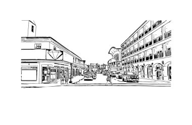 George Town 'un dönüm noktası olan Print Building View Cayman Adaları' nın başkentidir. Vektörde elle çizilmiş çizim çizimi.