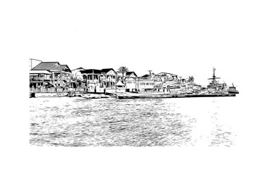 George Town 'un dönüm noktası olan Print Building View Cayman Adaları' nın başkentidir. Vektörde elle çizilmiş çizim çizimi.