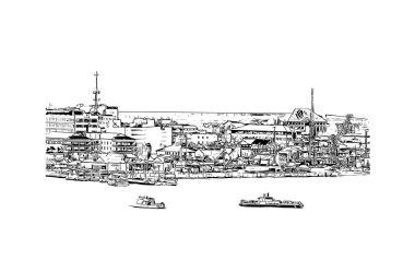 George Town 'un dönüm noktası olan Print Building View Cayman Adaları' nın başkentidir. Vektörde elle çizilmiş çizim çizimi.