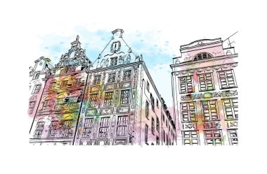 Print Building view with landmark of Gdansk is the city in Poland. Vektörde elle çizilmiş resim ile suluboya sıçraması.