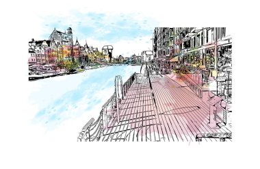 Print Building view with landmark of Gdansk is the city in Poland. Vektörde elle çizilmiş resim ile suluboya sıçraması.