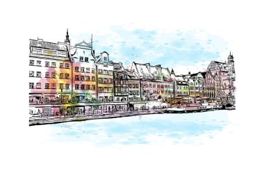 Print Building view with landmark of Gdansk is the city in Poland. Vektörde elle çizilmiş resim ile suluboya sıçraması.