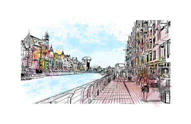 Print Building view with landmark of Gdansk is the city in Poland. Vektörde elle çizilmiş resim ile suluboya sıçraması.