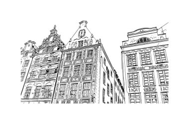 Print Building view with landmark of Gdansk is the city in Poland. Vektörde elle çizilmiş çizim çizimi.