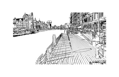 Print Building view with landmark of Gdansk is the city in Poland. Vektörde elle çizilmiş çizim çizimi.