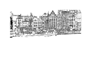 Print Building view with landmark of Gdansk is the city in Poland. Vektörde elle çizilmiş çizim çizimi.