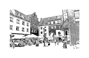 Print Building view with landmark of Gdansk is the city in Poland. Vektörde elle çizilmiş çizim çizimi.