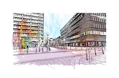 Print Building view, Almanya 'nın batısında yer alan bir şehirdir. Vektörde elle çizilmiş resim ile suluboya sıçraması.