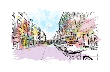 Print Building view, Almanya 'nın batısında yer alan bir şehirdir. Vektörde elle çizilmiş resim ile suluboya sıçraması.