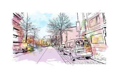 Print Building view, Almanya 'nın batısında yer alan bir şehirdir. Vektörde elle çizilmiş resim ile suluboya sıçraması.