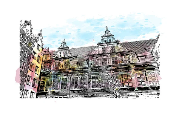 Print Building View Landmark Gdansk City Poland Watercolor Splash Hand — Stock Vector