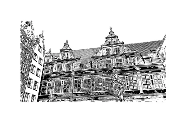 Imprimir Vista Del Edificio Con Hito Gdansk Ciudad Polonia Dibujo — Vector de stock