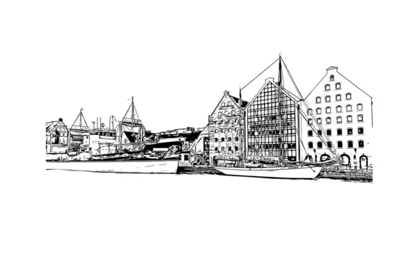 Print Byggnadsvy Med Landmärke Gdansk Staden Polen Handritad Skiss Illustration — Stock vektor